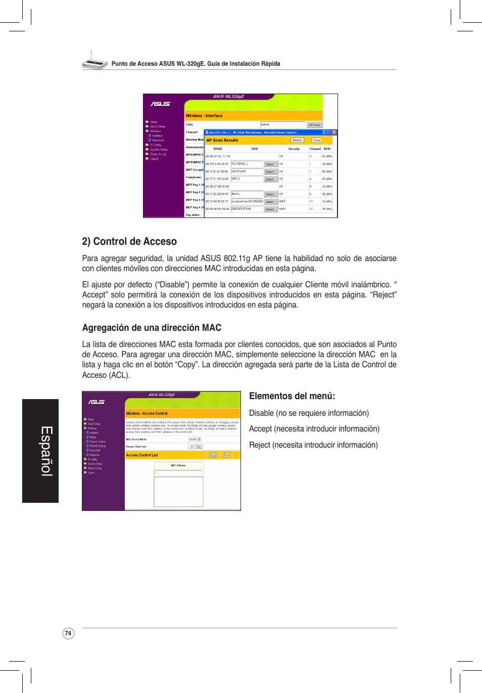 Español | Asus WL-320gE User Manual | Page 75 / 172