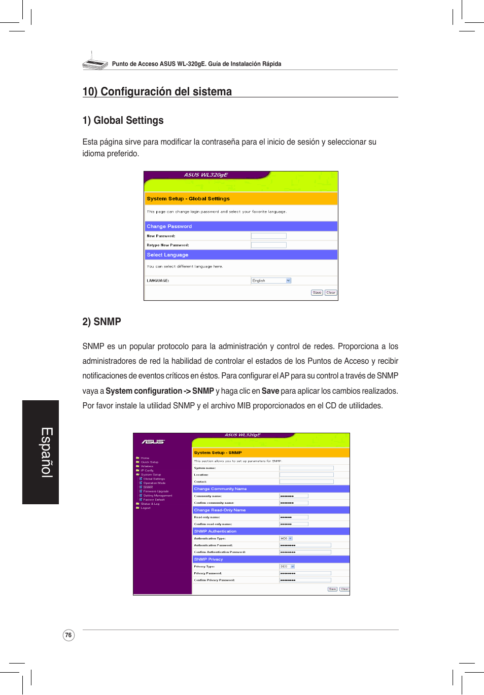 Español, 10) configuración del sistema | Asus WL-320gE User Manual | Page 77 / 172