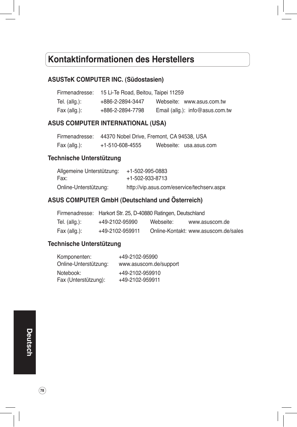 Kontaktinformationen des herstellers, Deutsch | Asus WL-320gE User Manual | Page 79 / 172