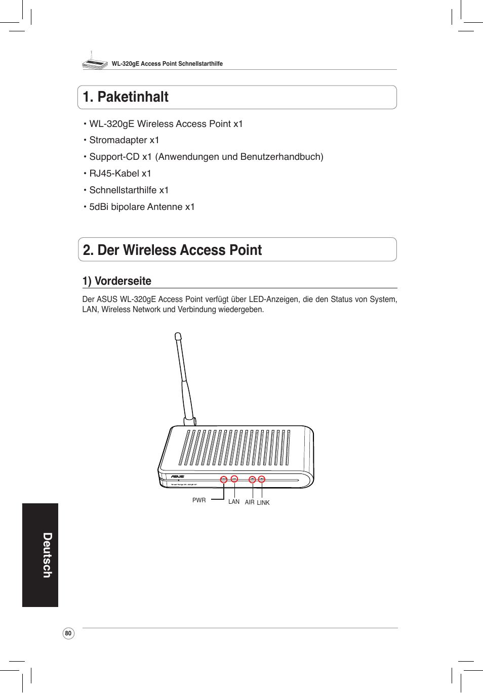 Paketinhalt 2. der wireless access point, 1) vorderseite, Der wireless access point 1. paketinhalt | Deutsch 1) vorderseite | Asus WL-320gE User Manual | Page 81 / 172