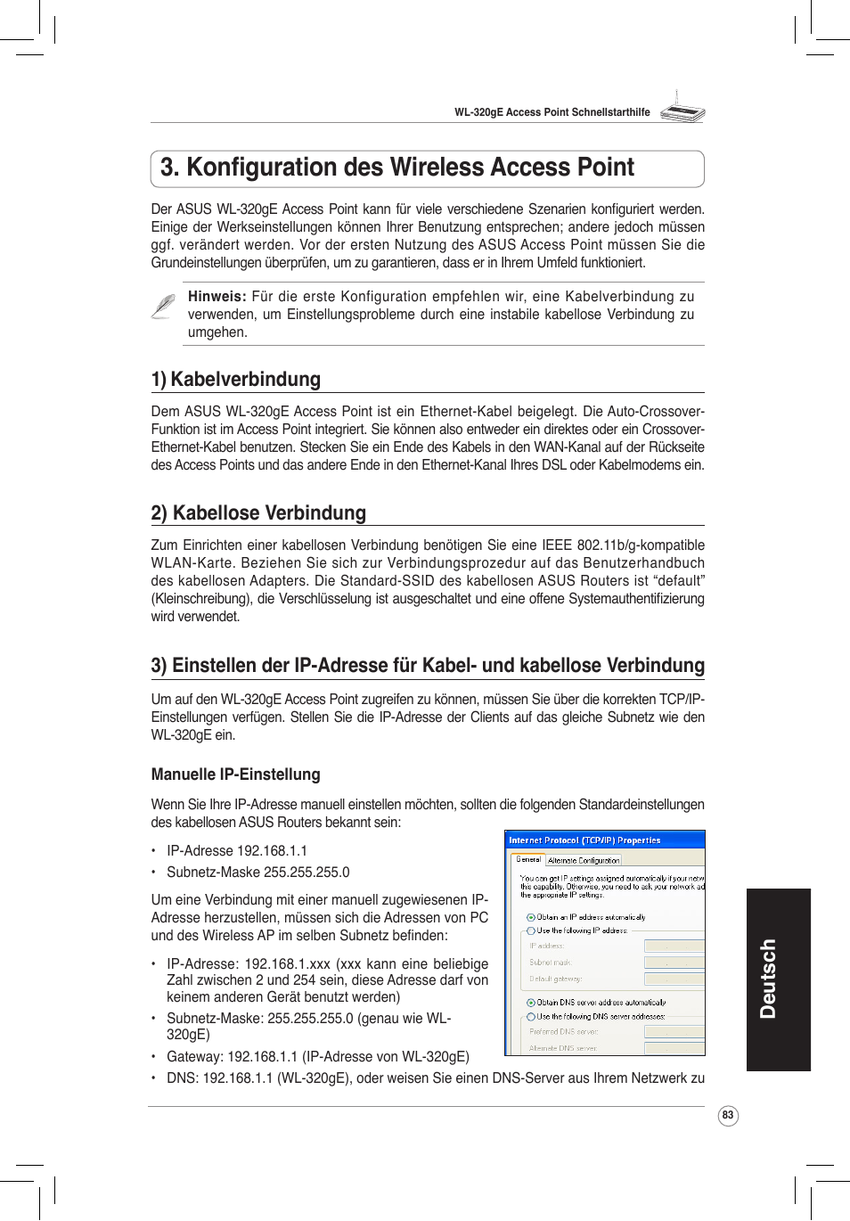 Konfiguration des wireless access point, 6) s, Deutsch | 1) kabelverbindung, 2) kabellose verbindung | Asus WL-320gE User Manual | Page 84 / 172