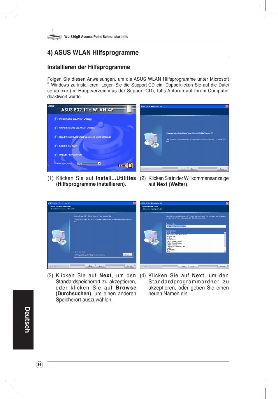 4) asus wlan-hilfsprogramme, Deutsch 4) asus wlan hilfsprogramme | Asus WL-320gE User Manual | Page 85 / 172