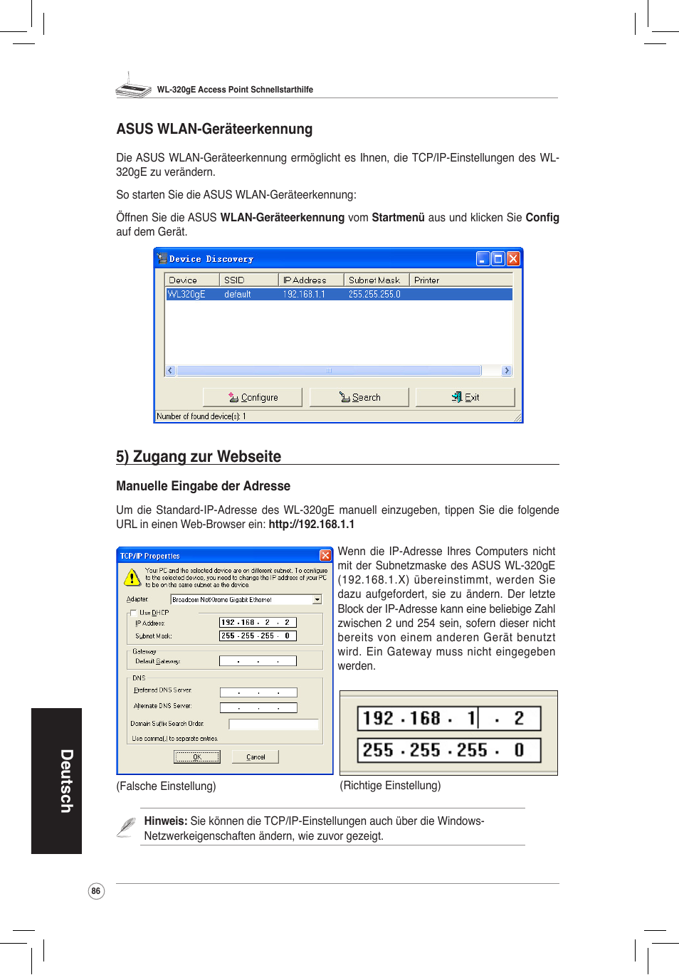 Deutsch, 5) zugang zur webseite, Asus wlan-geräteerkennung | Asus WL-320gE User Manual | Page 87 / 172