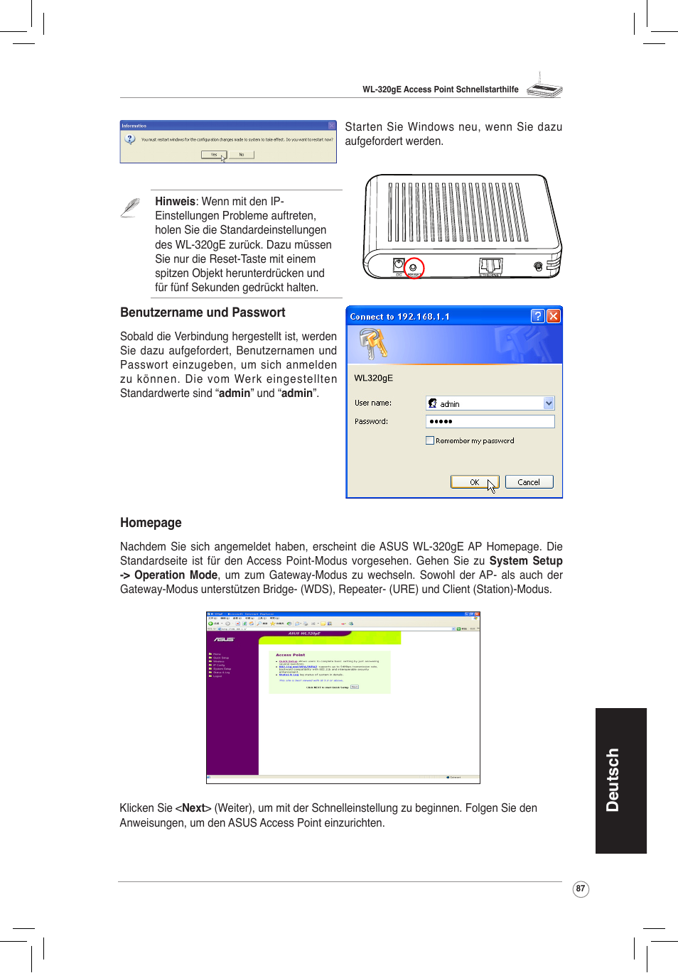 Deutsch | Asus WL-320gE User Manual | Page 88 / 172