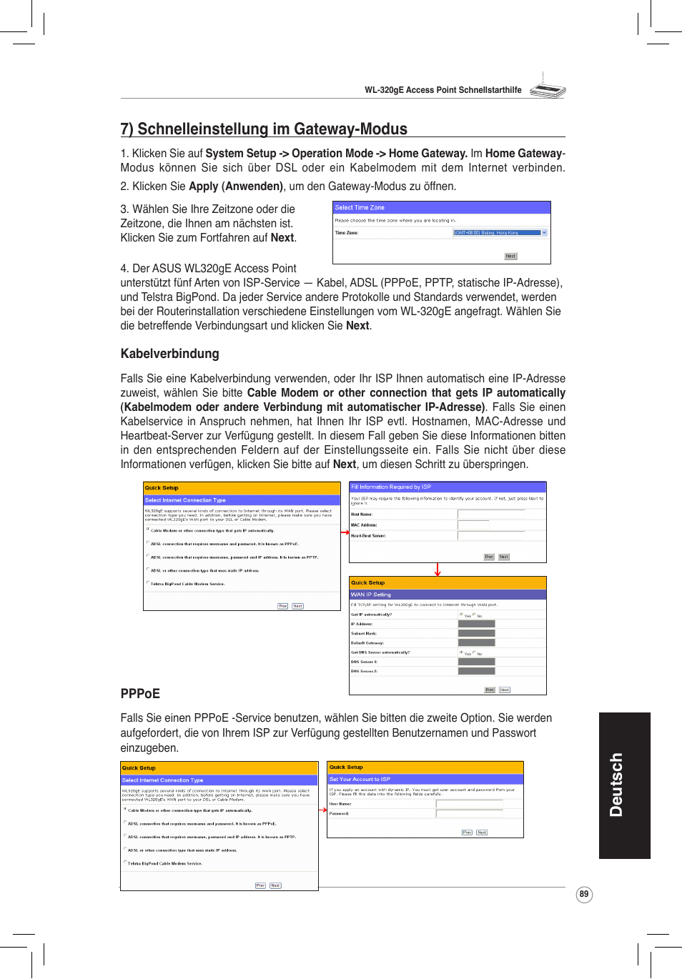 Deutsch 7) schnelleinstellung im gateway-modus | Asus WL-320gE User Manual | Page 90 / 172