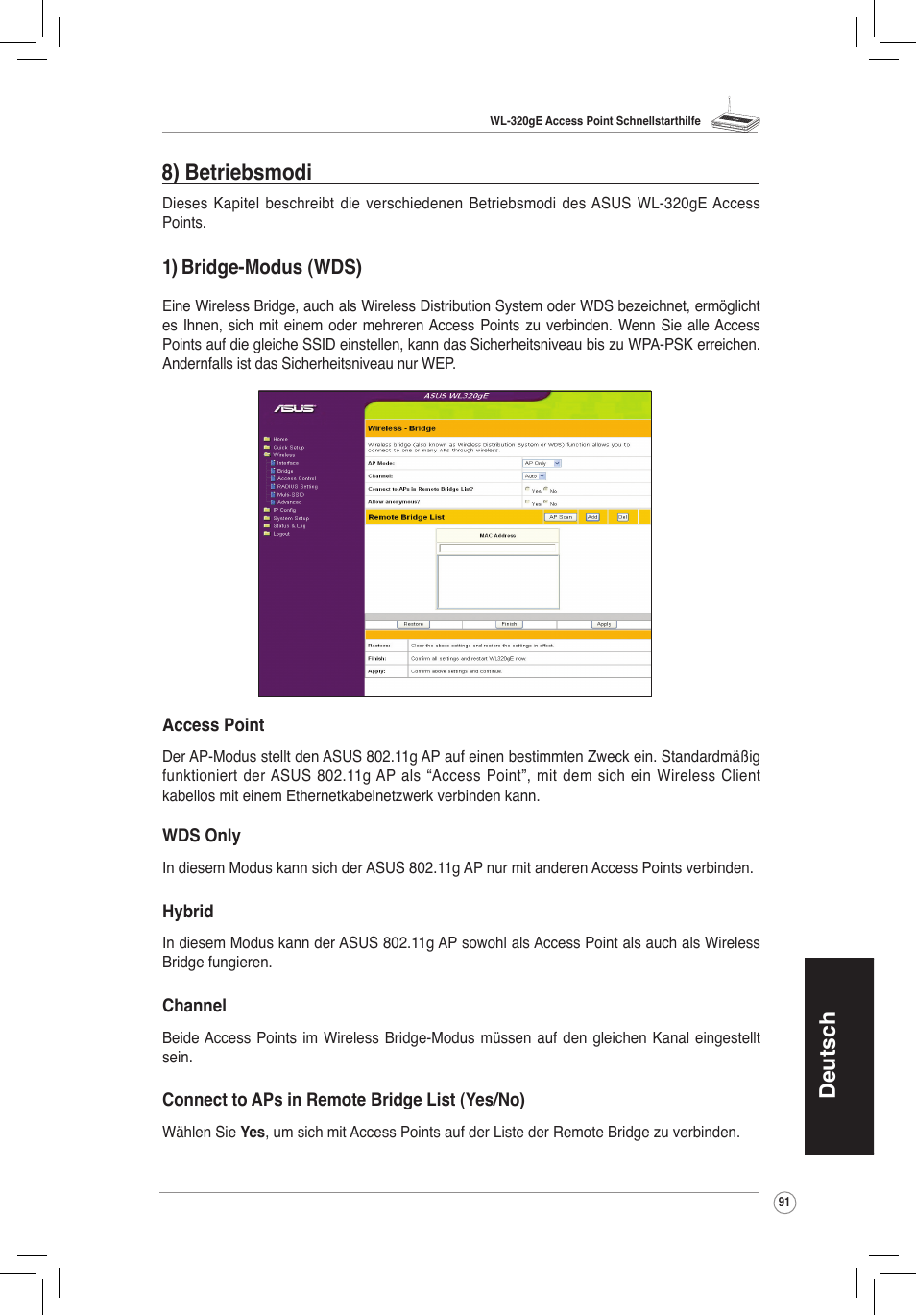 Deutsch, 8) betriebsmodi | Asus WL-320gE User Manual | Page 92 / 172