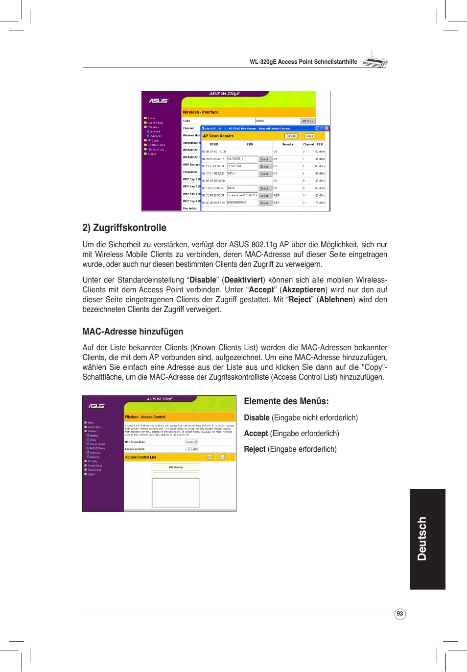 Deutsch, 2) zugriffskontrolle | Asus WL-320gE User Manual | Page 94 / 172