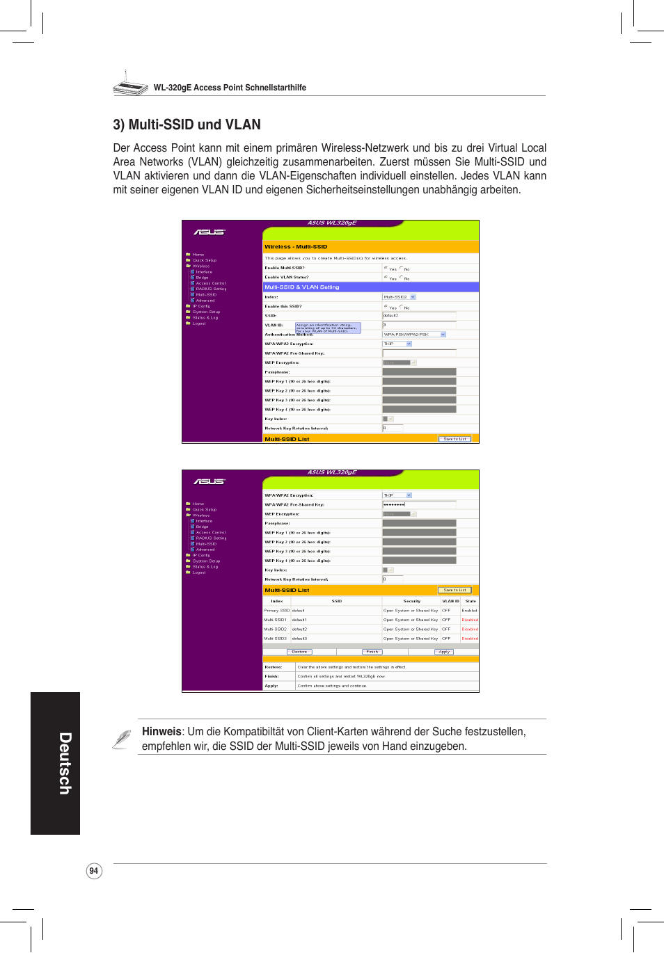 Deutsch, 3) multi-ssid und vlan | Asus WL-320gE User Manual | Page 95 / 172