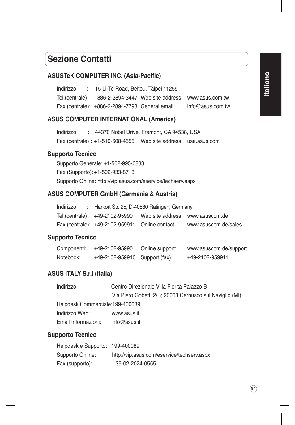 Sezione contatti, Italiano | Asus WL-320gE User Manual | Page 98 / 172