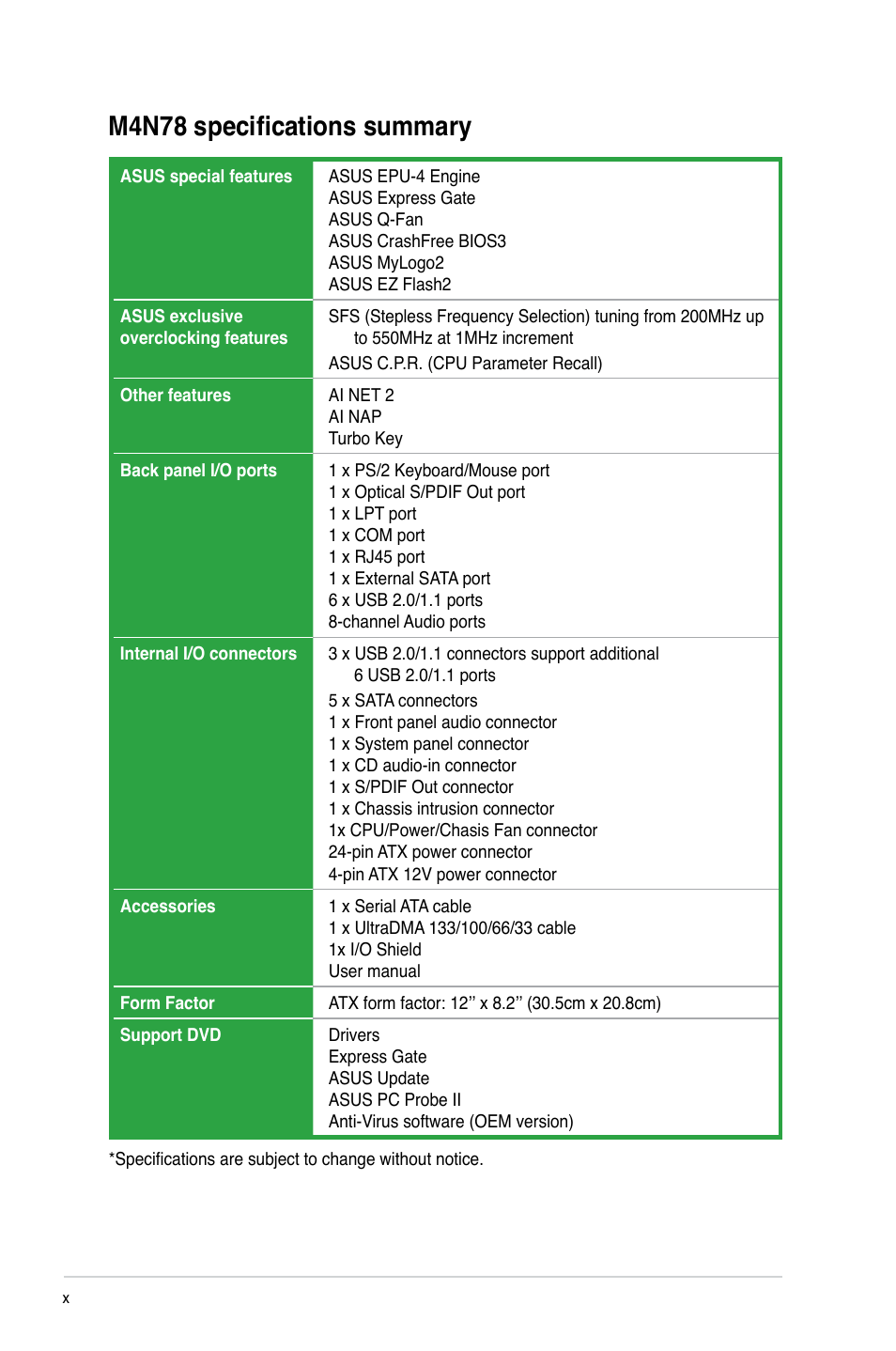 M4n78 specifications summary | Asus M4N78 User Manual | Page 10 / 60