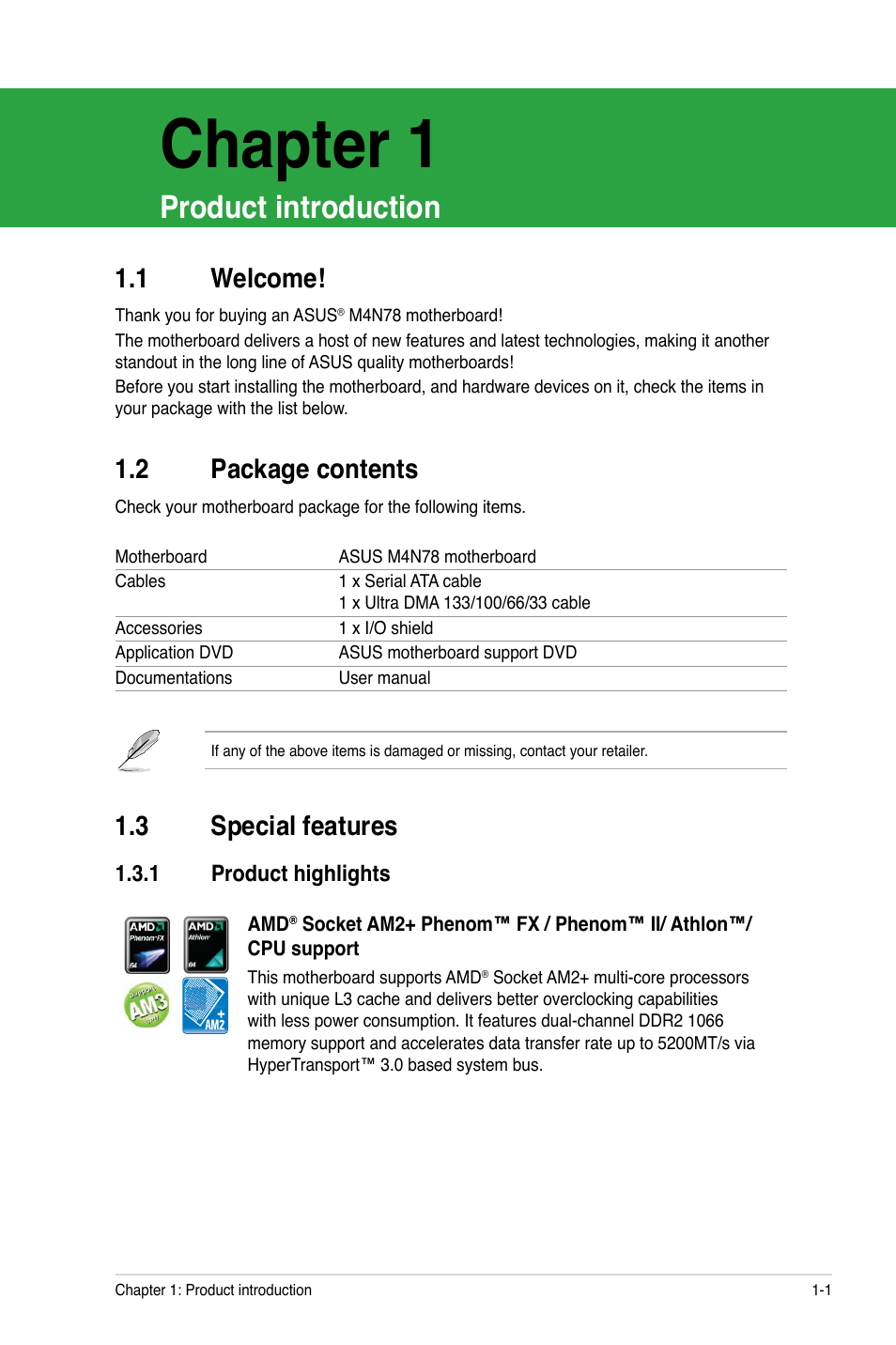 Chapter 1: product introduction, 1 welcome, 2 package contents | 3 special features, 1 product highlights, Product introduction, Welcome! -1, Package contents -1, Special features -1 1.3.1, Product highlights -1 | Asus M4N78 User Manual | Page 11 / 60