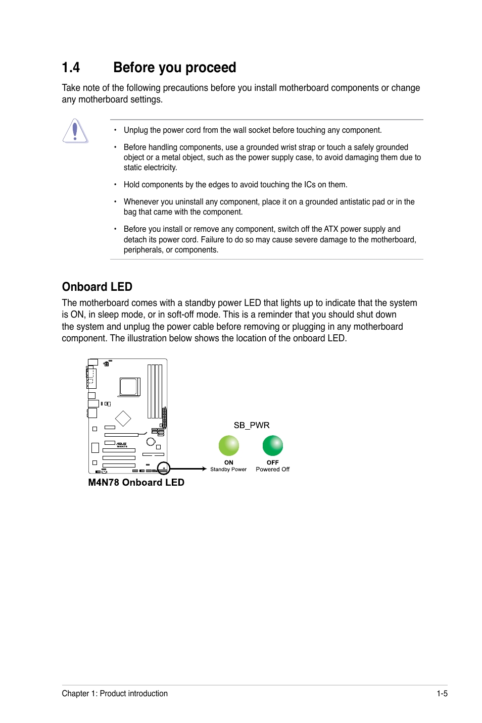 4 before you proceed, Onboard led, Before you proceed -5 onboard led -5 | Asus M4N78 User Manual | Page 15 / 60