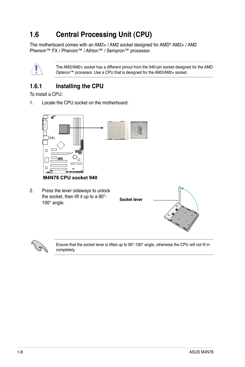 6 central processing unit (cpu), 1 installing the cpu, Central processing unit (cpu) -8 1.6.1 | Installing the cpu -8 | Asus M4N78 User Manual | Page 18 / 60