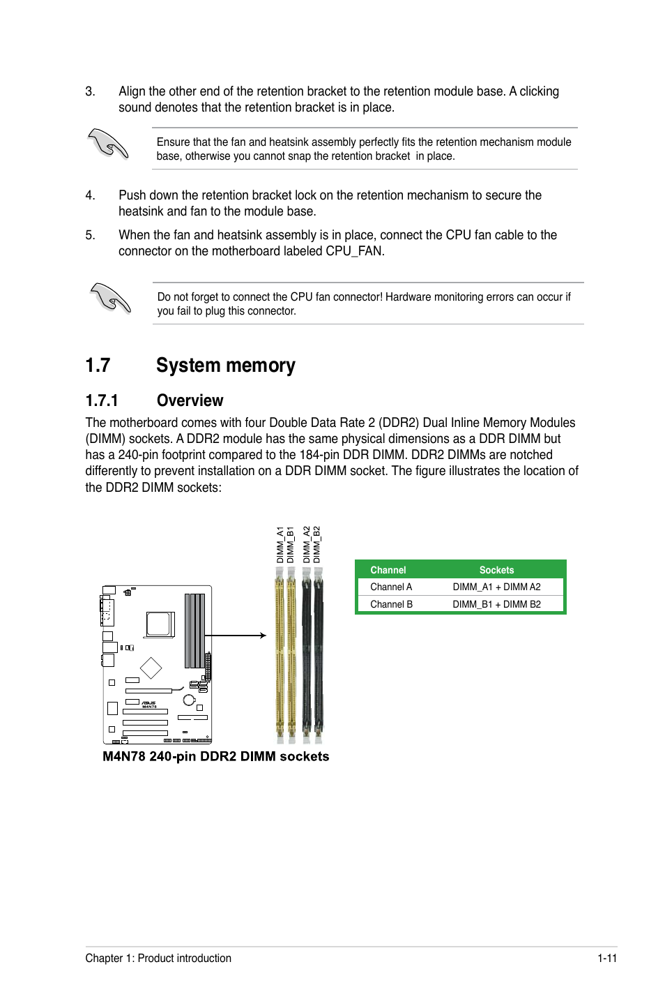 7 system memory, 1 overview, System memory -11 1.7.1 | Overview -11 | Asus M4N78 User Manual | Page 21 / 60