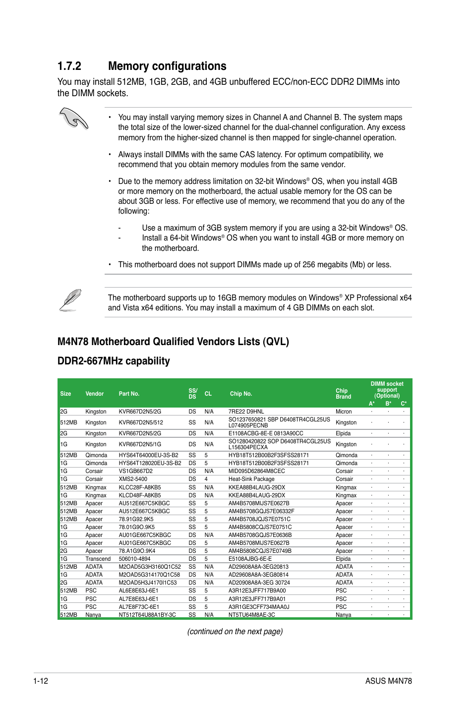 2 memory configurations, Memory configurations -12, Continued on the next page) | Os. - install a 64-bit windows | Asus M4N78 User Manual | Page 22 / 60