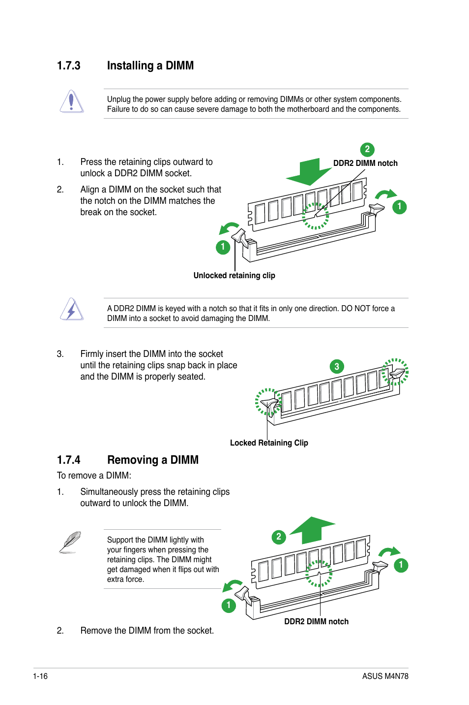 3 installing a dimm, 4 removing a dimm, Installing a dimm -16 | Removing a dimm -16 | Asus M4N78 User Manual | Page 26 / 60