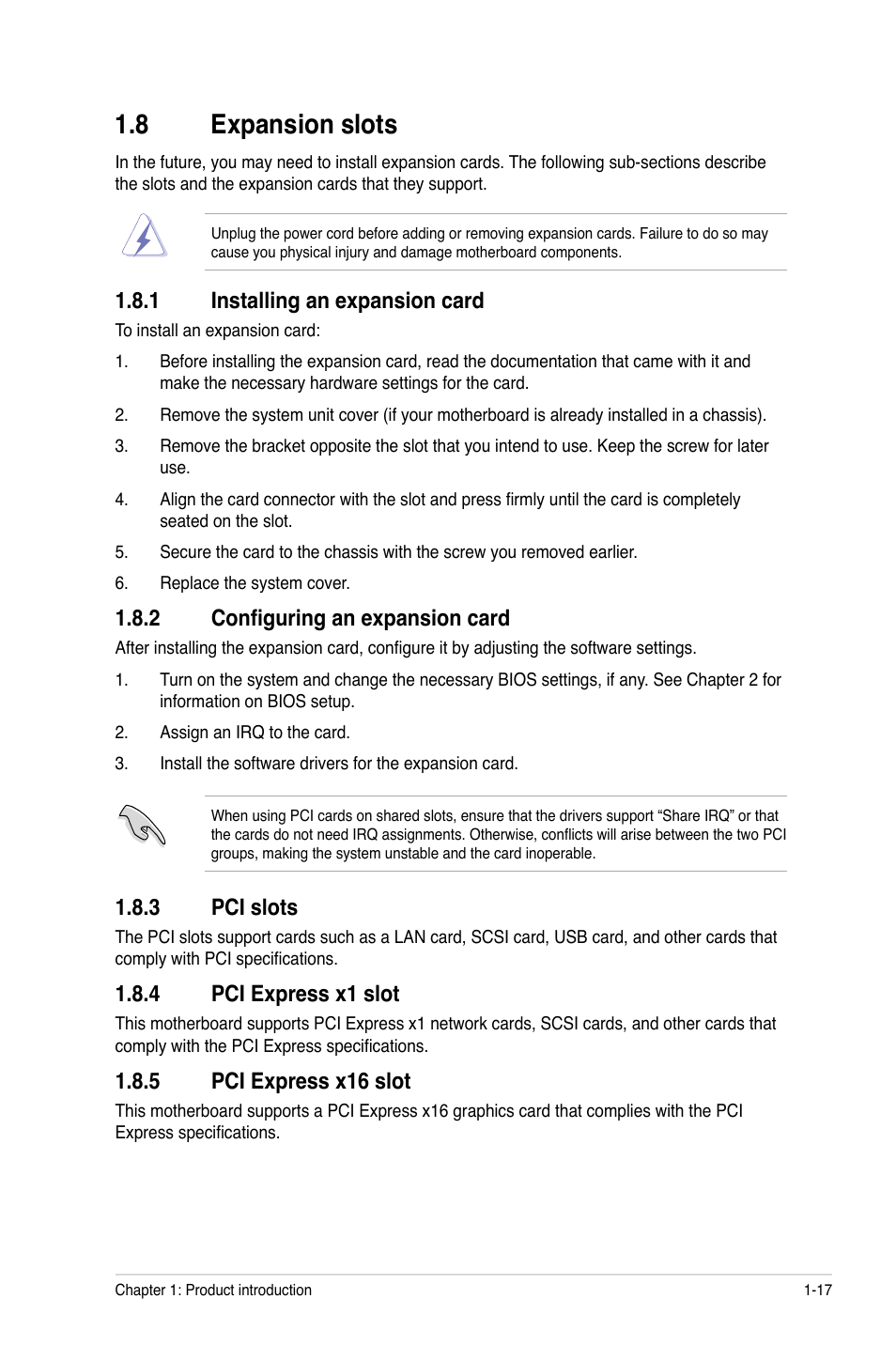 8 expansion slots, 1 installing an expansion card, 2 configuring an expansion card | 3 pci slots, 4 pci express x1 slot, 5 pci express x16 slot, Expansion slots -17 1.8.1, Installing an expansion card -17, Configuring an expansion card -17, Pci slots -17 | Asus M4N78 User Manual | Page 27 / 60