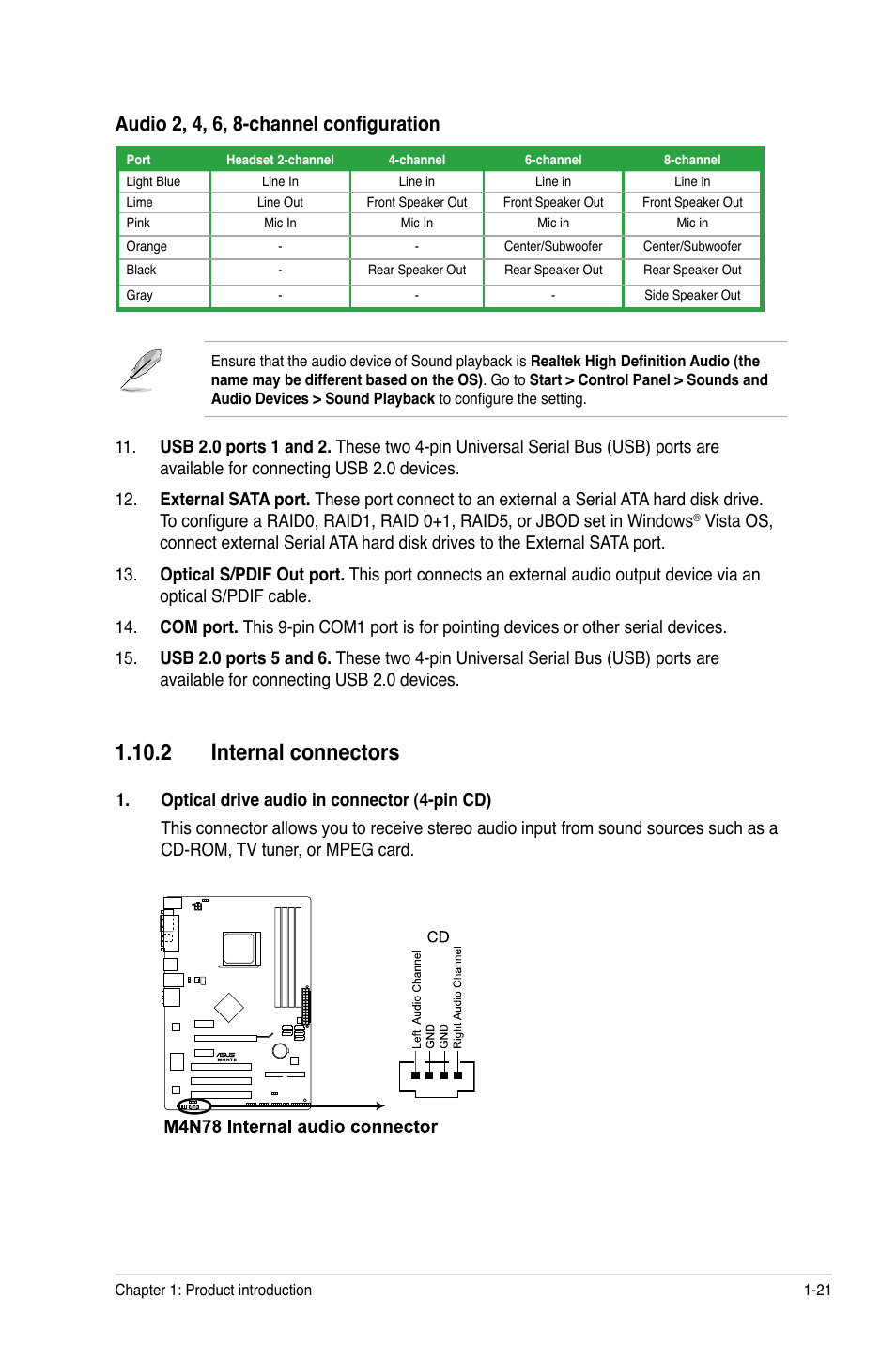 2 internal connectors, 2 internal connectors -21, Audio 2, 4, 6, 8-channel configuration | Asus M4N78 User Manual | Page 31 / 60