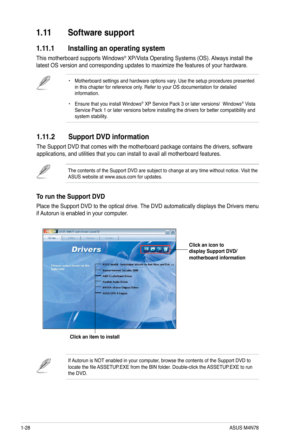 11 software support, 1 installing an operating system, 2 support dvd information | 11 software support -28 | Asus M4N78 User Manual | Page 38 / 60