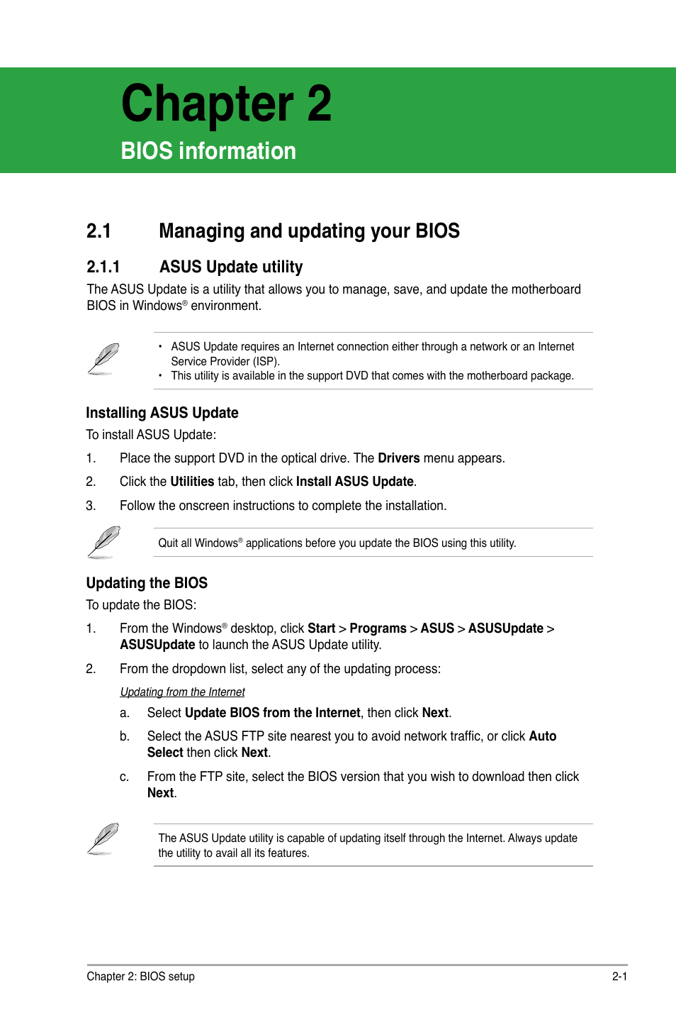 Chapter 2: bios information, 1 managing and updating your bios, 1 asus update utility | Bios information, Managing and updating your bios -1 2.1.1, Asus update utility -1, Chapter 2 | Asus M4N78 User Manual | Page 39 / 60