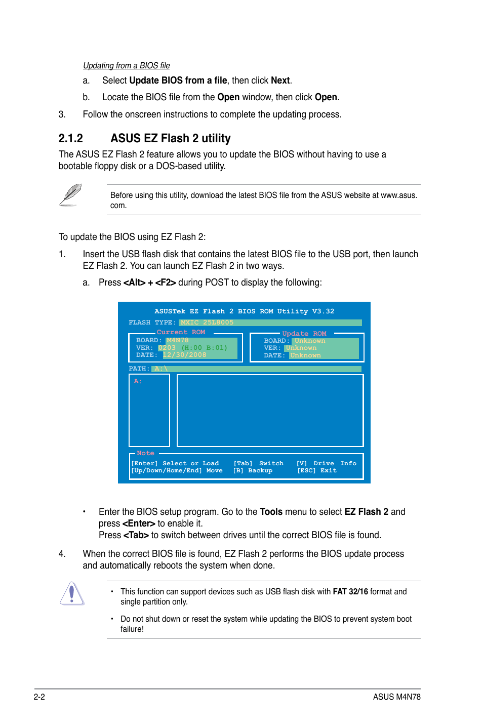 2 asus ez flash 2 utility, Asus ez flash 2 utility -2 | Asus M4N78 User Manual | Page 40 / 60