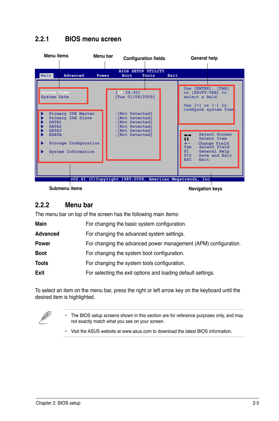 1 bios menu screen, 2 menu bar, Bios menu screen -5 | Menu bar -5, 1 bios menu screen 2.2.2 menu bar | Asus M4N78 User Manual | Page 43 / 60