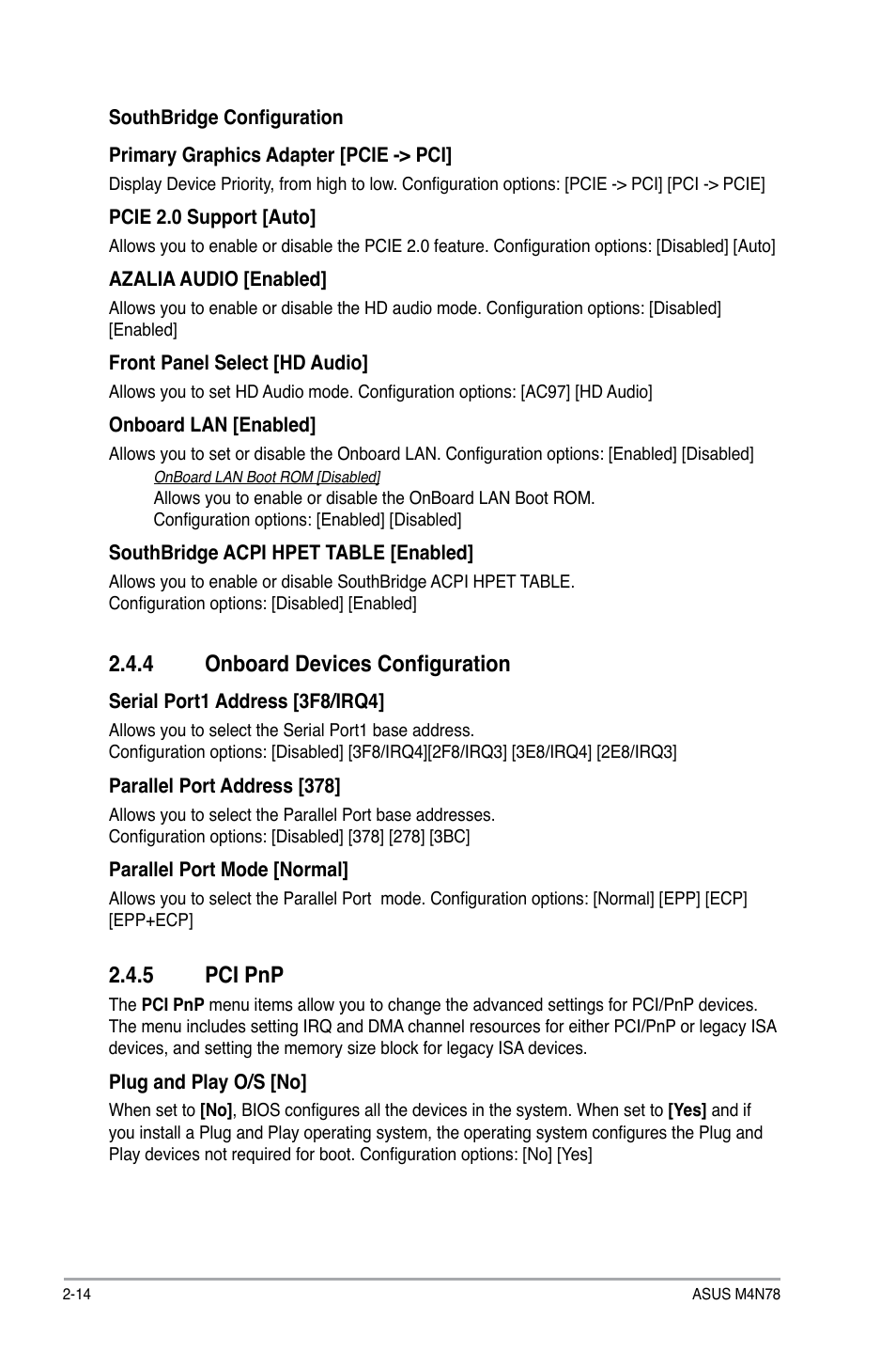 4 onboard devices configuration, 5 pci pnp, Onboard devices configuration -14 | Pci pnp -14 | Asus M4N78 User Manual | Page 52 / 60