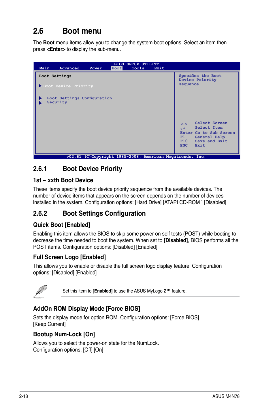 6 boot menu, 1 boot device priority, 2 boot settings configuration | Boot menu -18 2.6.1, Boot device priority -18, Boot settings configuration -18 | Asus M4N78 User Manual | Page 56 / 60