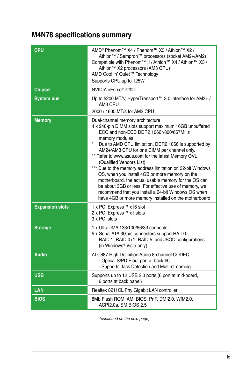 M4n78 specifications summary | Asus M4N78 User Manual | Page 9 / 60