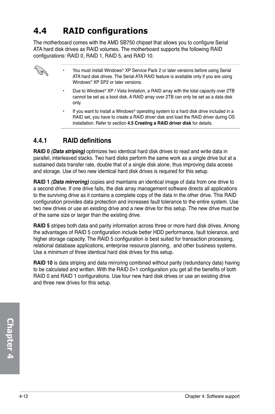 4 raid configurations, 1 raid definitions, Raid configurations -12 4.4.1 | Raid definitions -12, Chapter 4 4.4 raid configurations | Asus M4A79XTD EVO/USB3 User Manual | Page 100 / 112