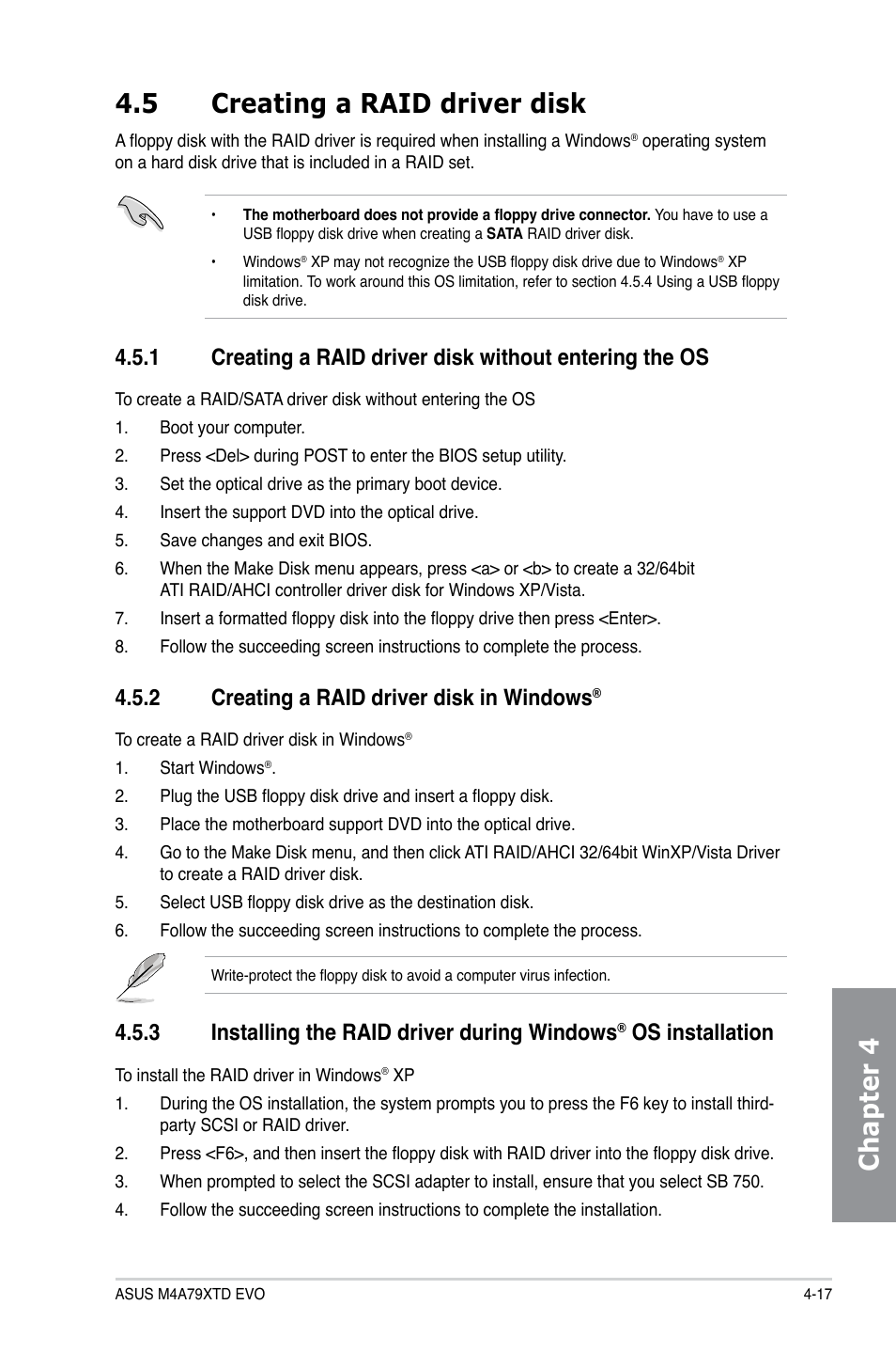 5 creating a raid driver disk, 2 creating a raid driver disk in windows, Creating a raid driver disk -17 4.5.1 | Creating a raid driver disk in windows, Installing the raid driver during windows, Os installation -17, Chapter 4 4.5 creating a raid driver disk, 3 installing the raid driver during windows, Os installation | Asus M4A79XTD EVO/USB3 User Manual | Page 105 / 112