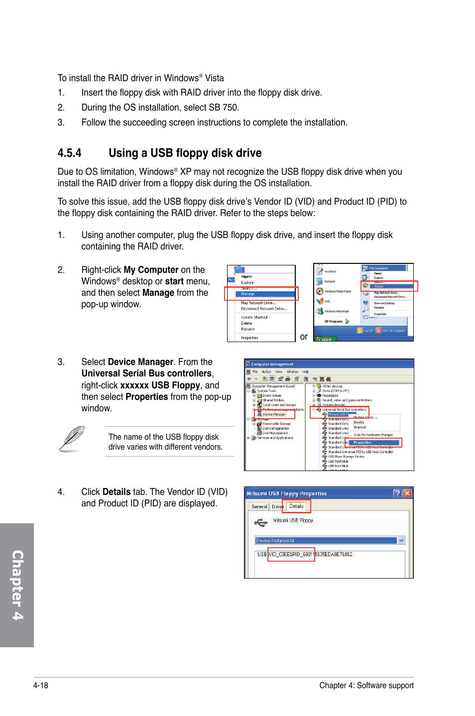 4 using a usb floppy disk drive, Using a usb floppy disk drive -18, Chapter 4 | Asus M4A79XTD EVO/USB3 User Manual | Page 106 / 112