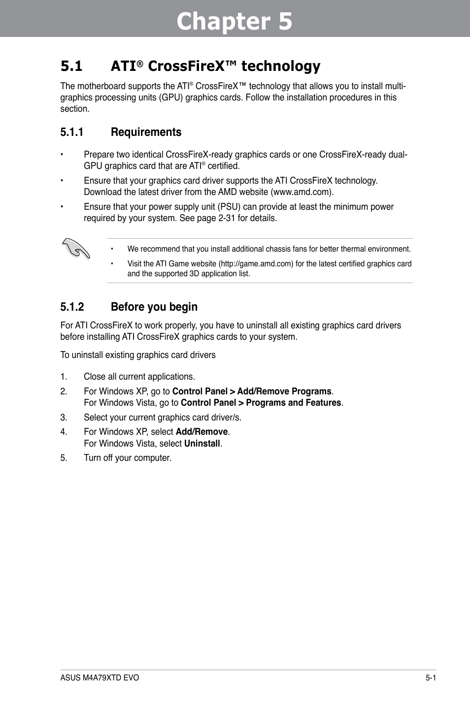 Chapter 5: ati® crossfirex™ technology support, 1 ati® crossfirex™ technology, 1 requirements | 2 before you begin, Chapter 5, Crossfirex™ technology support, Crossfirex™ technology -1, Requirements -1, Before you begin -1, 1 ati | Asus M4A79XTD EVO/USB3 User Manual | Page 109 / 112