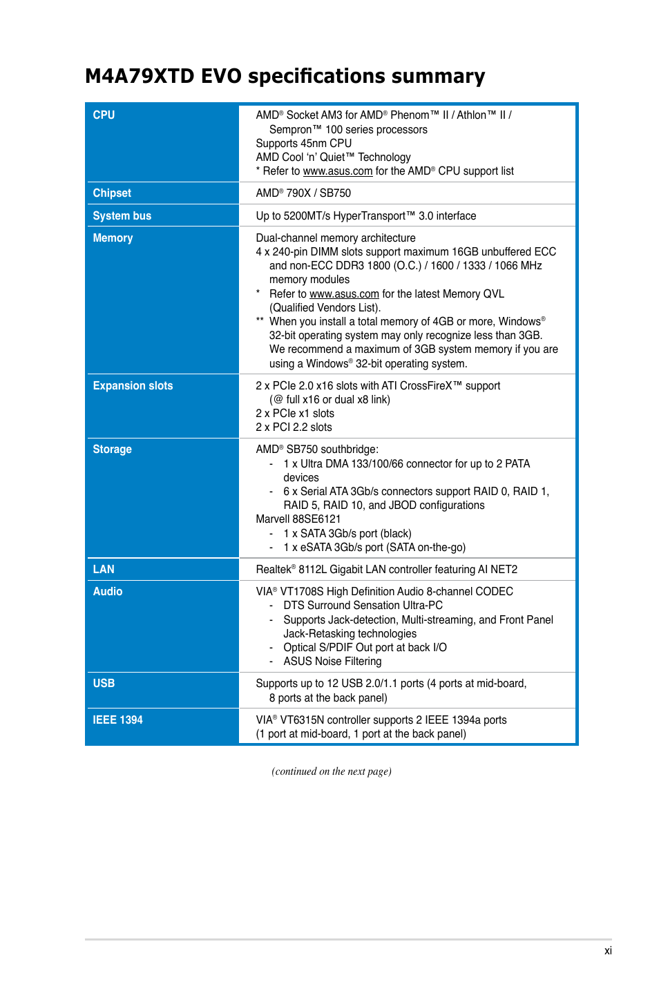 M4a79xtd evo specifications summary | Asus M4A79XTD EVO/USB3 User Manual | Page 11 / 112