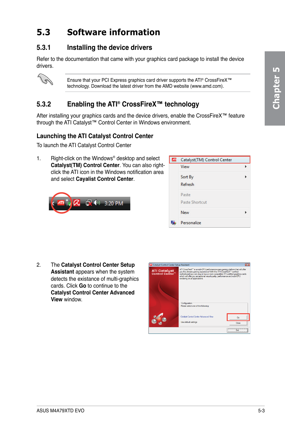 3 software information, 1 installing the device drivers, 2 enabling the ati® crossfirex™ technology | Software information -3 5.3.1, Installing the device drivers -3, Enabling the ati, Crossfirex™ technology -3, Chapter 5 5.3 software information, 2 enabling the ati, Crossfirex™ technology | Asus M4A79XTD EVO/USB3 User Manual | Page 111 / 112