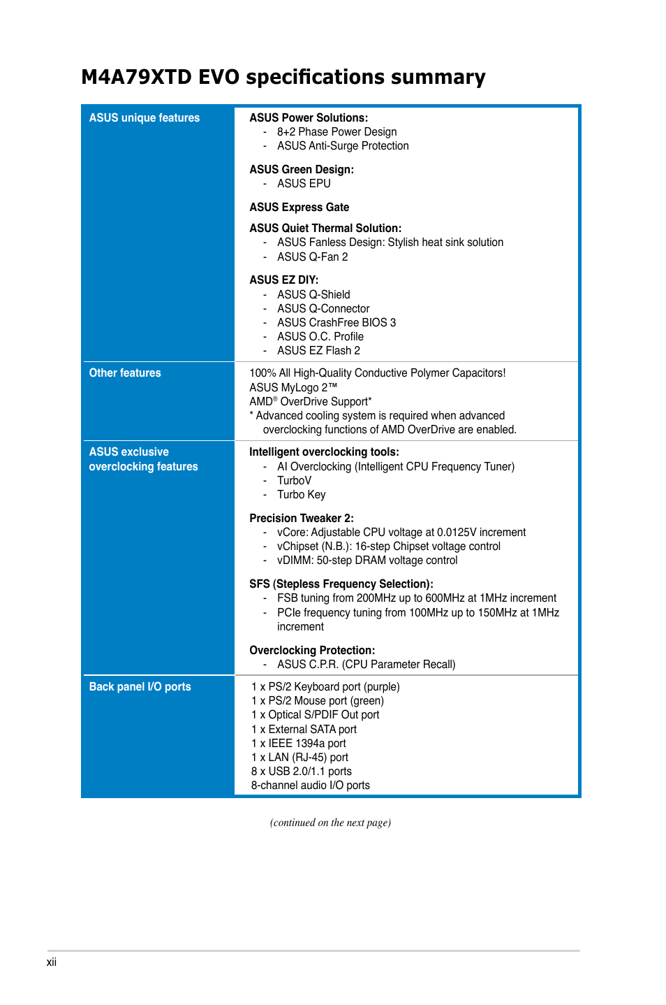 M4a79xtd evo specifications summary | Asus M4A79XTD EVO/USB3 User Manual | Page 12 / 112