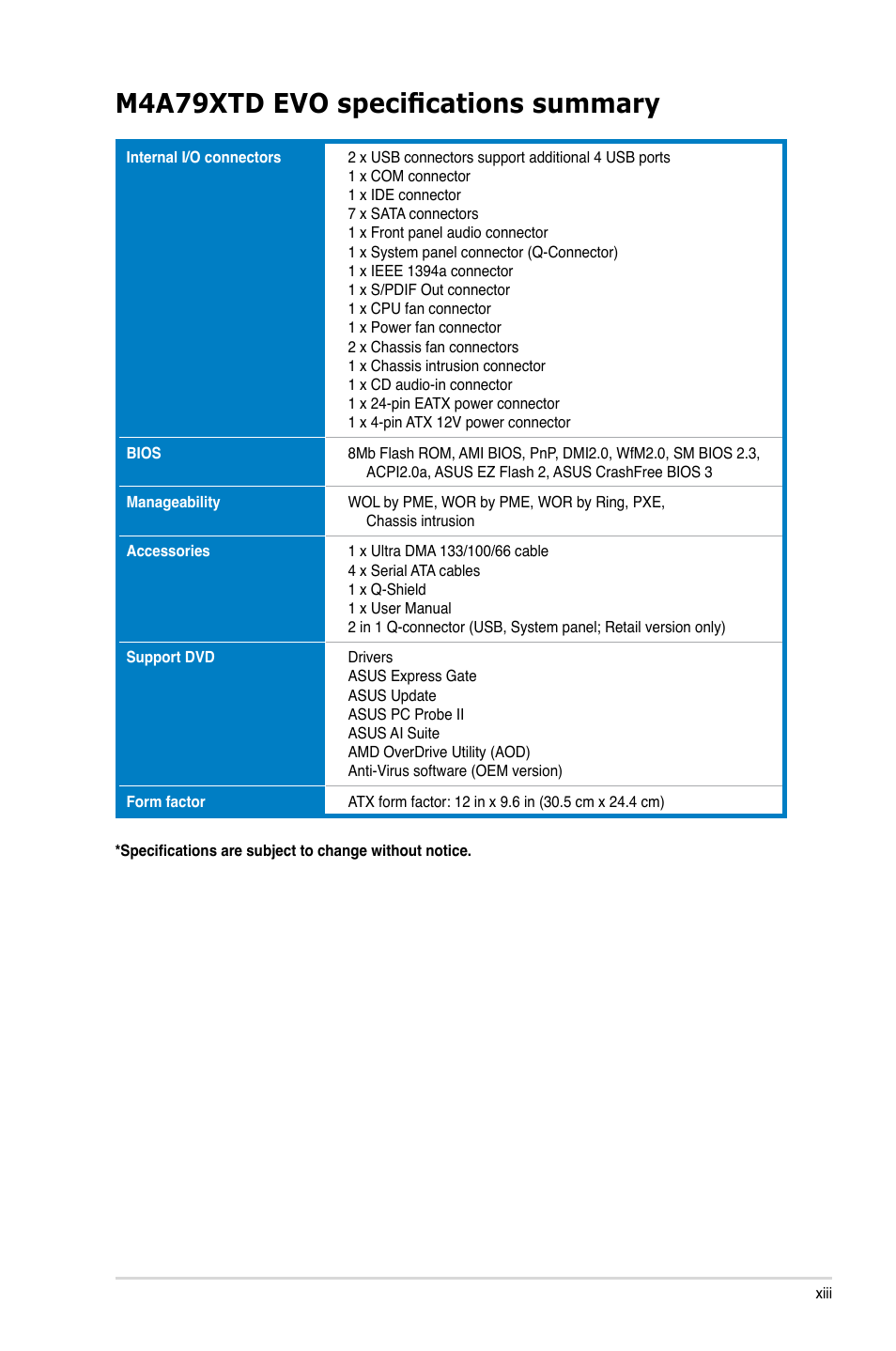 M4a79xtd evo specifications summary | Asus M4A79XTD EVO/USB3 User Manual | Page 13 / 112