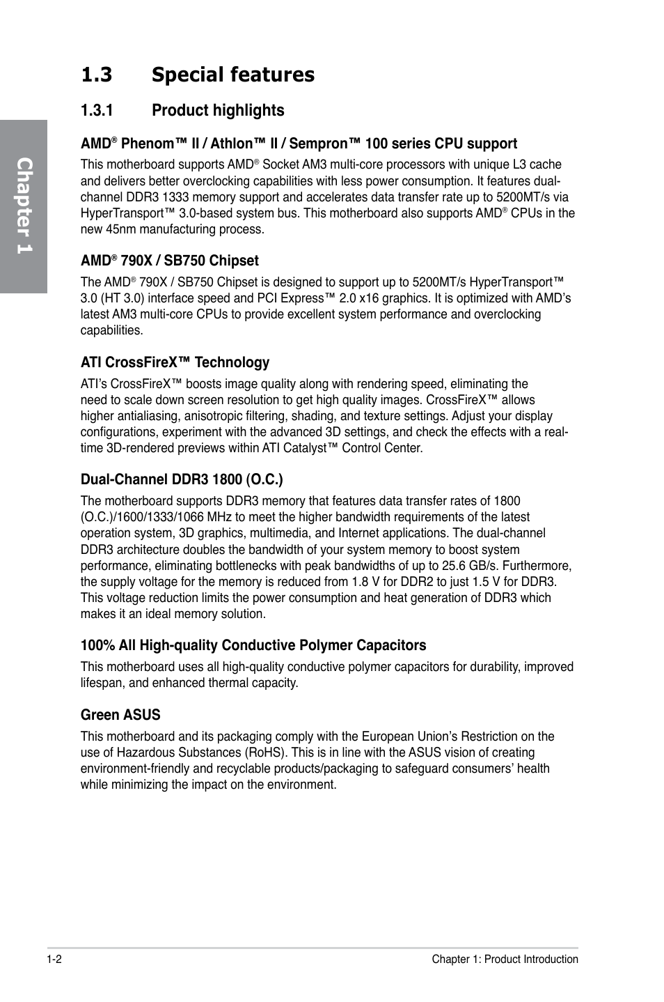 3 special features, 1 product highlights, Special features -2 1.3.1 | Product highlights -2, Chapter 1 1.3 special features | Asus M4A79XTD EVO/USB3 User Manual | Page 16 / 112