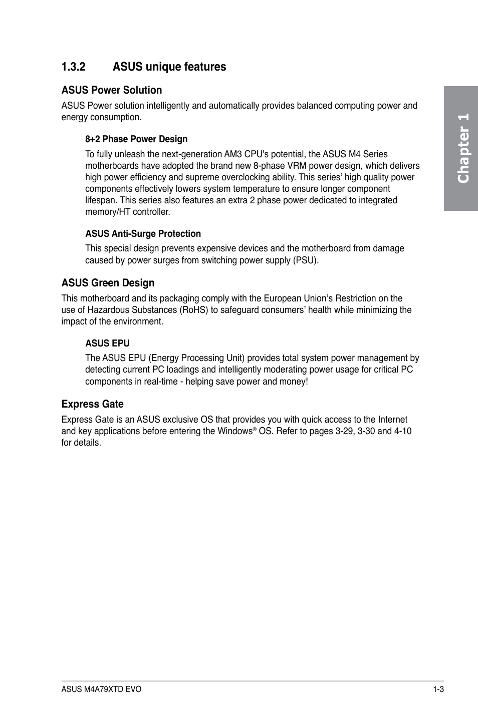 2 asus unique features, Asus unique features -3, Chapter 1 | Asus M4A79XTD EVO/USB3 User Manual | Page 17 / 112