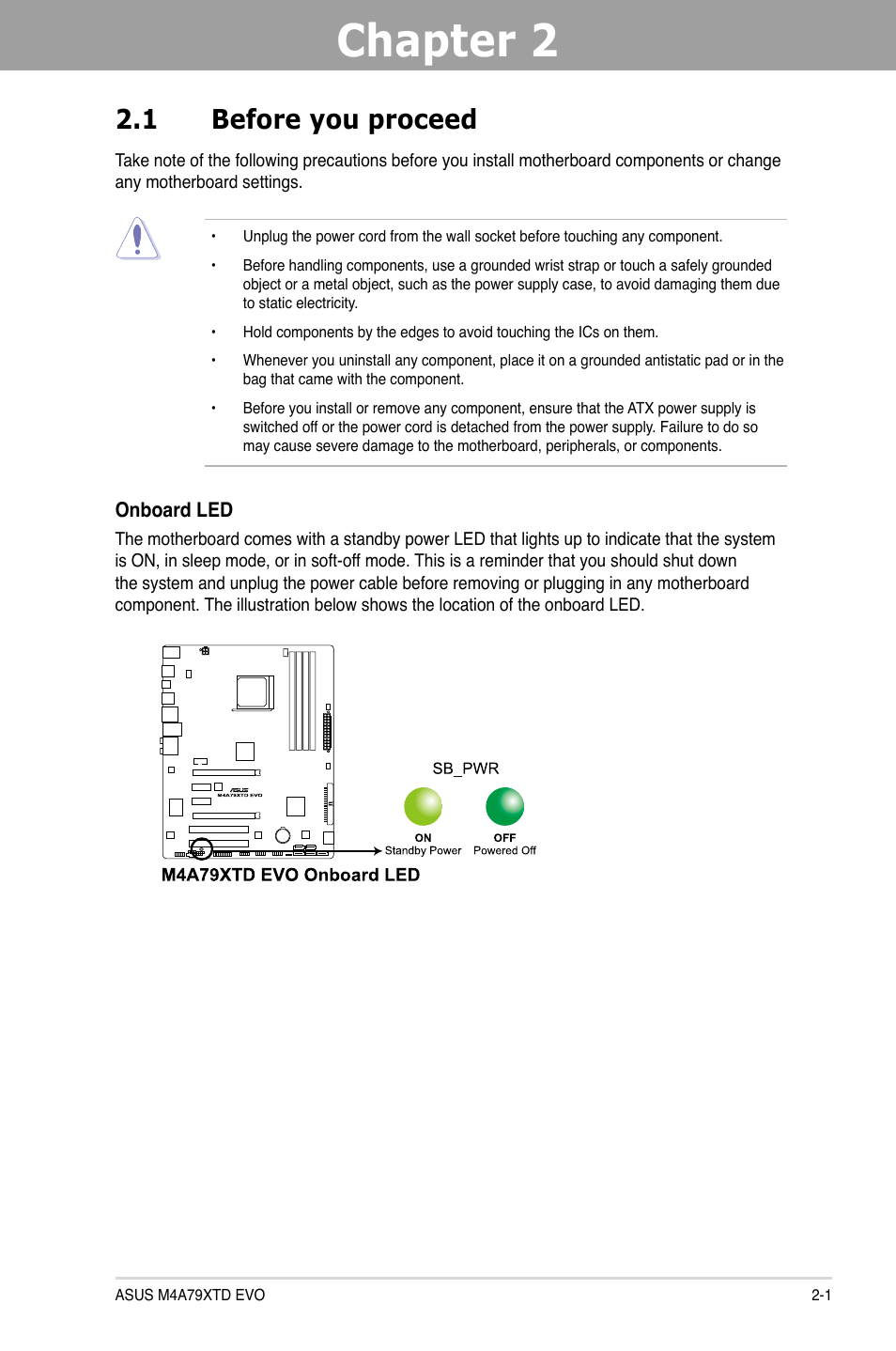 Chapter 2: hardware information, 1 before you proceed, Chapter 2 | Hardware information, Before you proceed -1 | Asus M4A79XTD EVO/USB3 User Manual | Page 21 / 112