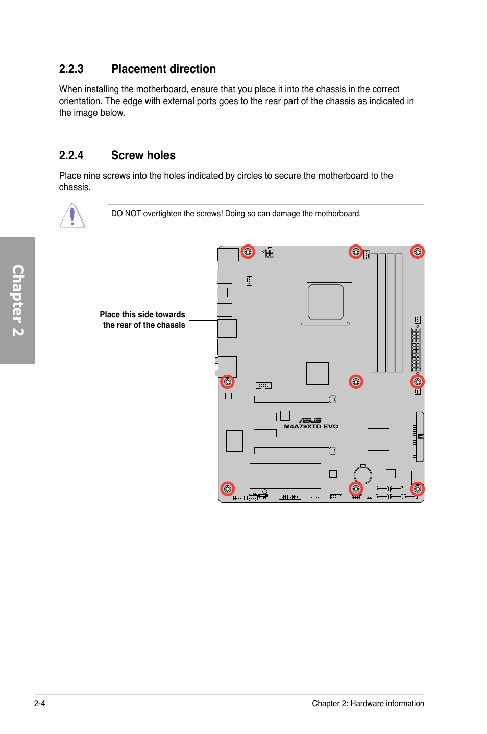 3 placement direction, 4 screw holes, Placement direction -4 | Screw holes -4, Chapter 2 | Asus M4A79XTD EVO/USB3 User Manual | Page 24 / 112