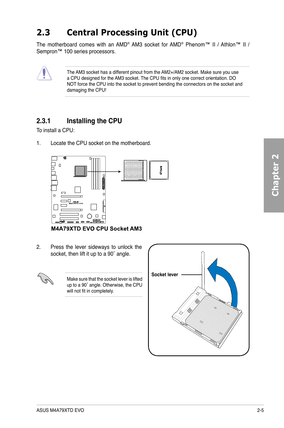 3 central processing unit (cpu), 1 installing the cpu, Central processing unit (cpu) -5 2.3.1 | Installing the cpu -5, Chapter 2 | Asus M4A79XTD EVO/USB3 User Manual | Page 25 / 112