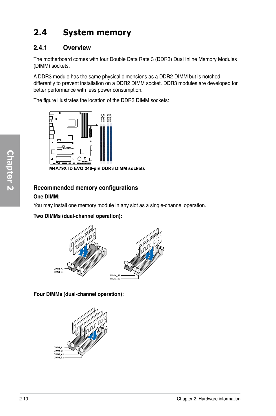 4 system memory, 1 overview, System memory -10 2.4.1 | Overview -10 | Asus M4A79XTD EVO/USB3 User Manual | Page 30 / 112