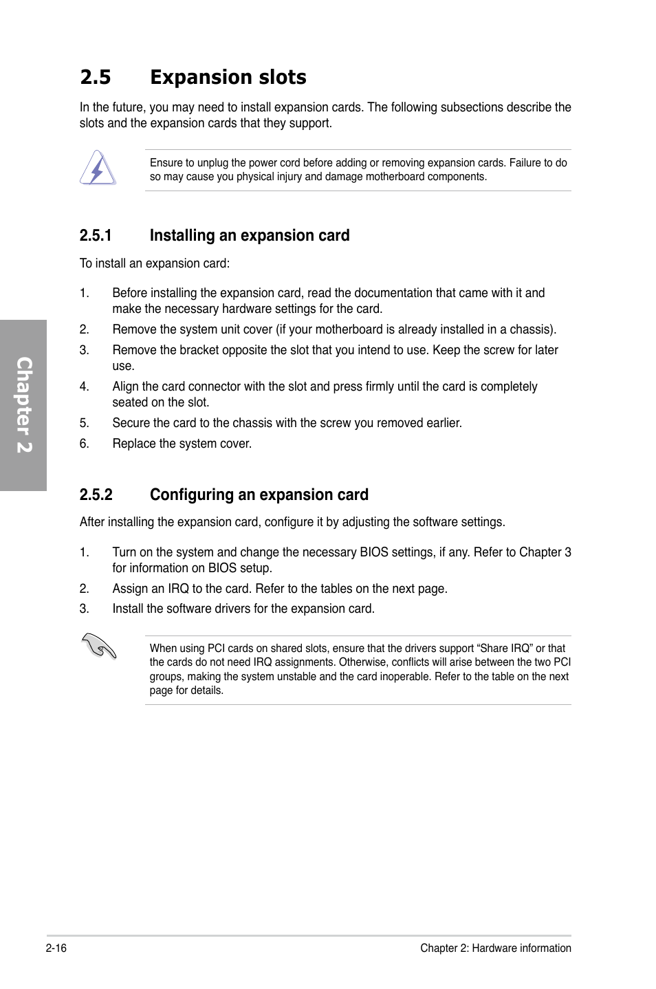 5 expansion slots, 1 installing an expansion card, 2 configuring an expansion card | Expansion slots -16 2.5.1, Installing an expansion card -16, Configuring an expansion card -16, Chapter 2 2.5 expansion slots | Asus M4A79XTD EVO/USB3 User Manual | Page 36 / 112