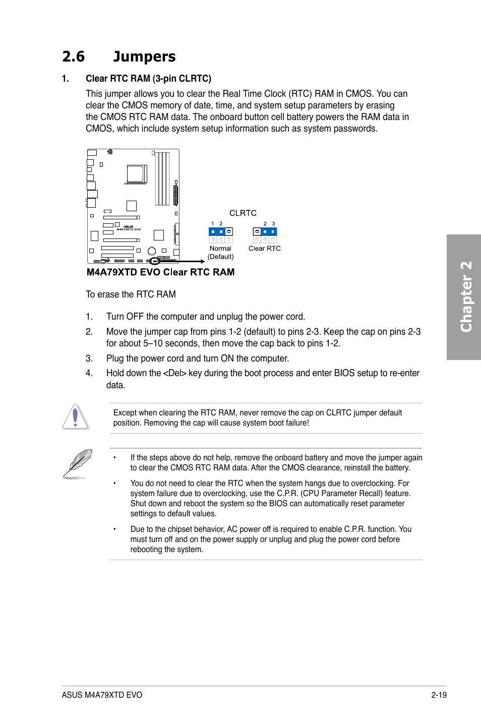 6 jumpers, Jumpers -19, Chapter 2 2.6 jumpers | Asus M4A79XTD EVO/USB3 User Manual | Page 39 / 112