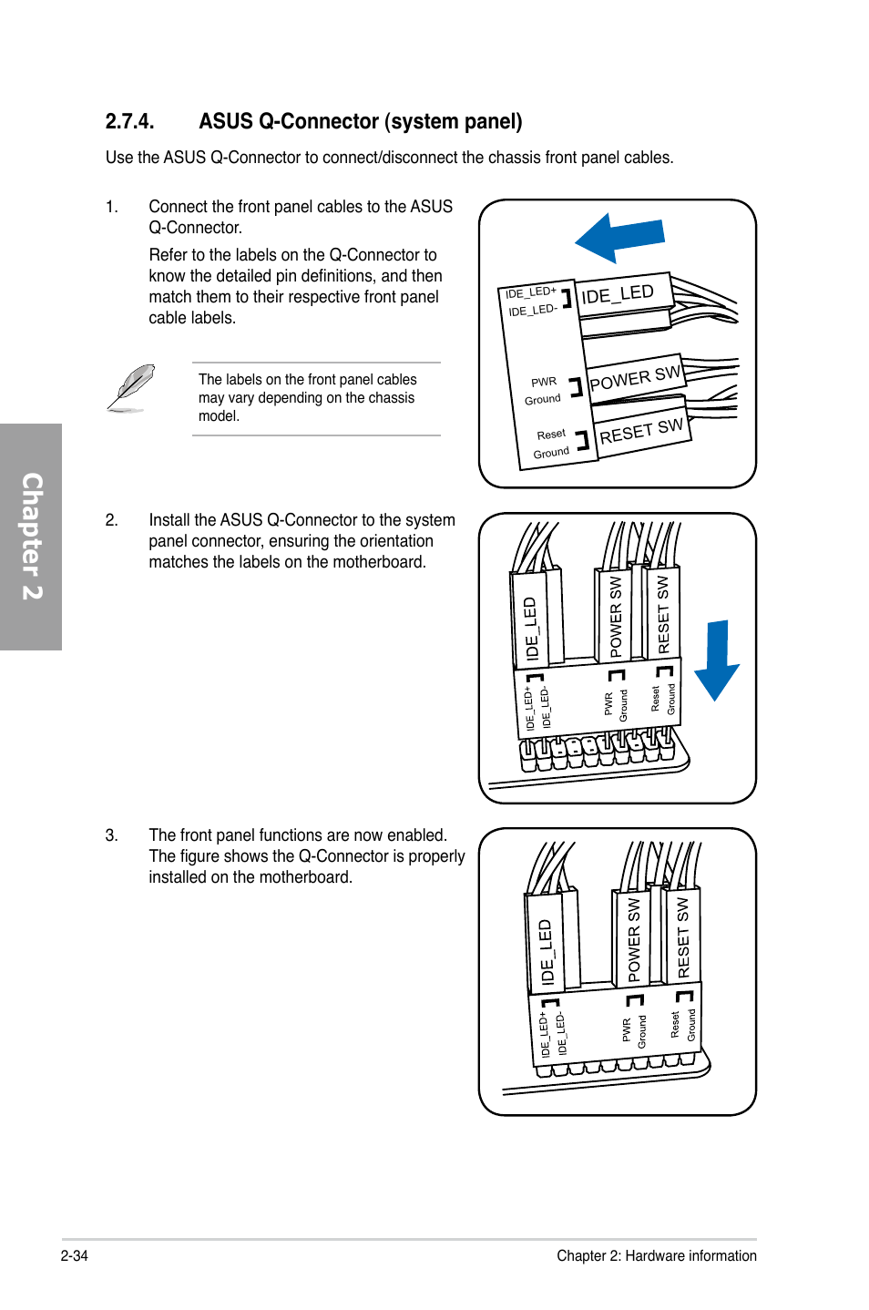 Asus q-connector (system panel), Asus q-connector (system panel) -34, Chapter 2 | Asus M4A79XTD EVO/USB3 User Manual | Page 54 / 112