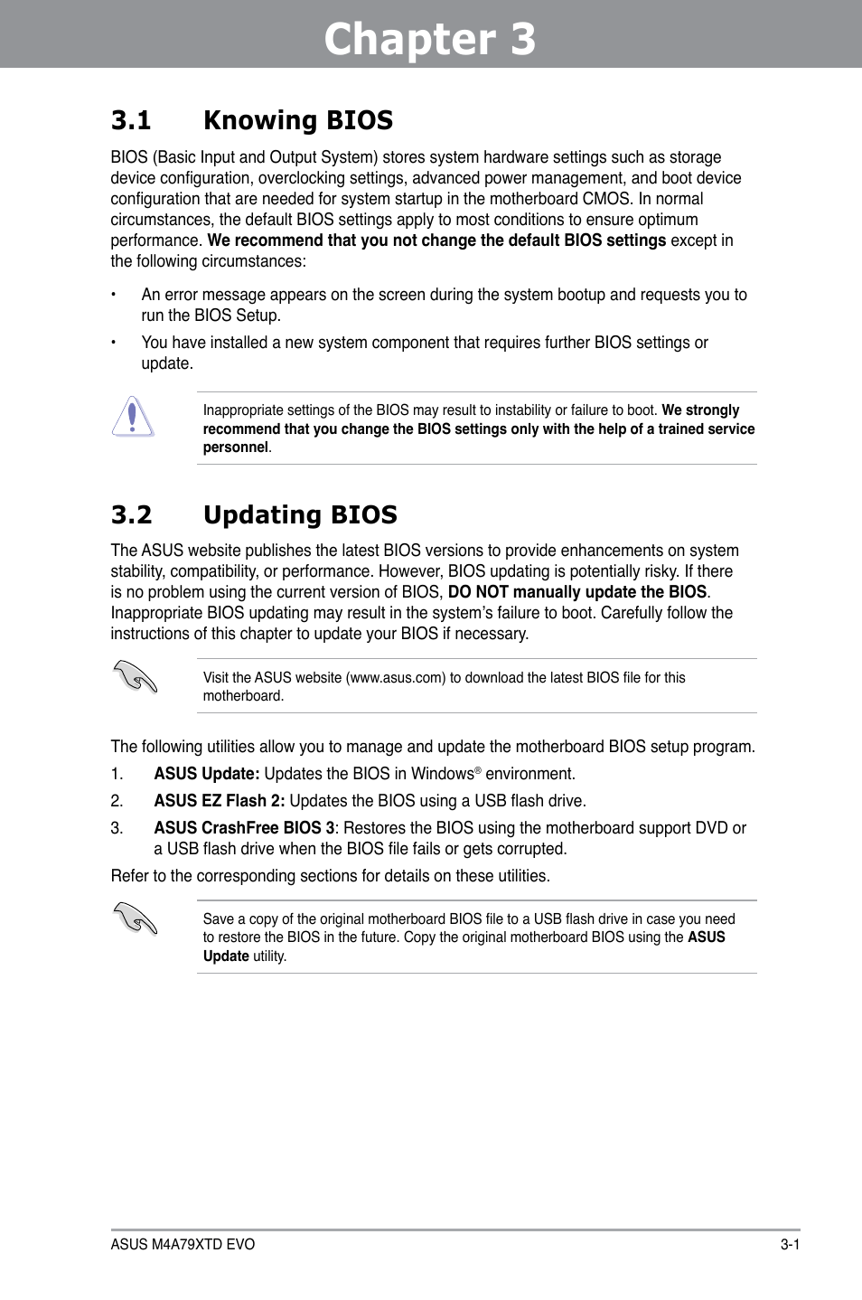 Chapter 3: bios setup, 1 knowing bios, 2 updating bios | Chapter 3, Bios setup, Knowing bios -1, Updating bios -1 | Asus M4A79XTD EVO/USB3 User Manual | Page 57 / 112