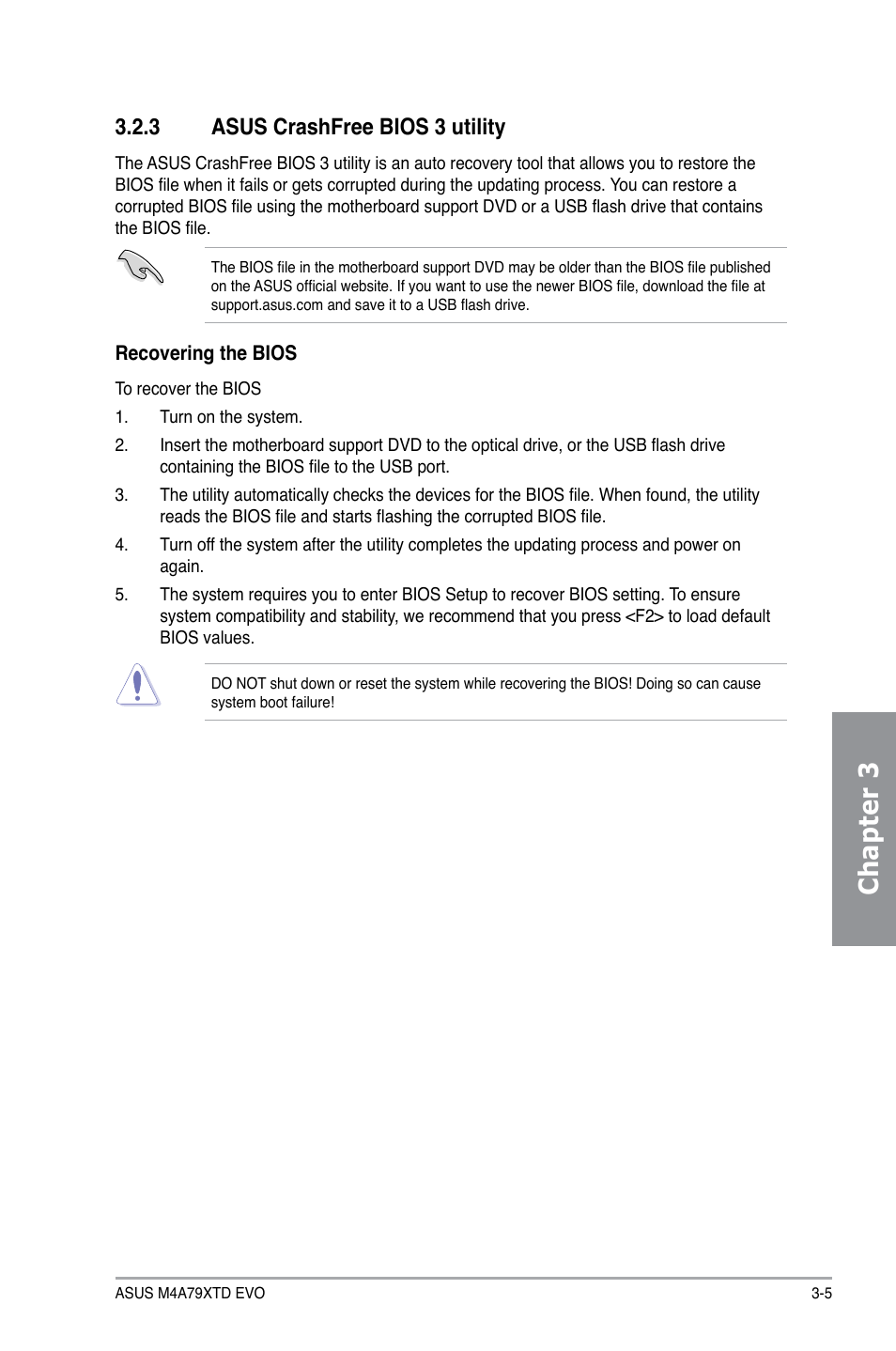 3 asus crashfree bios 3 utility, Asus crashfree bios 3 utility -5, Chapter 3 | Asus M4A79XTD EVO/USB3 User Manual | Page 61 / 112