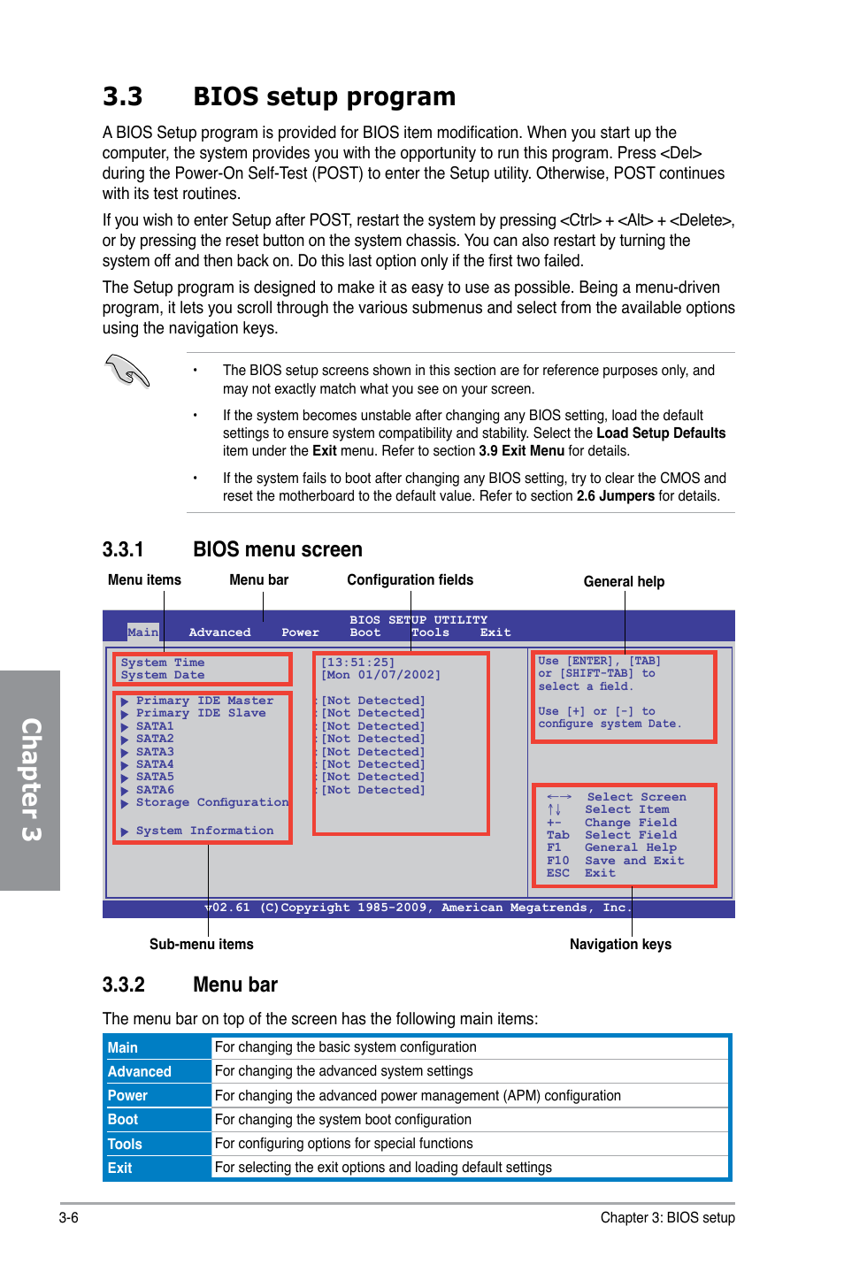 3 bios setup program, 1 bios menu screen, 2 menu bar | Bios setup program -6 3.3.1, Bios menu screen -6, Menu bar -6, Chapter 3 3.3 bios setup program, 1 bios menu screen 3.3.2 menu bar | Asus M4A79XTD EVO/USB3 User Manual | Page 62 / 112