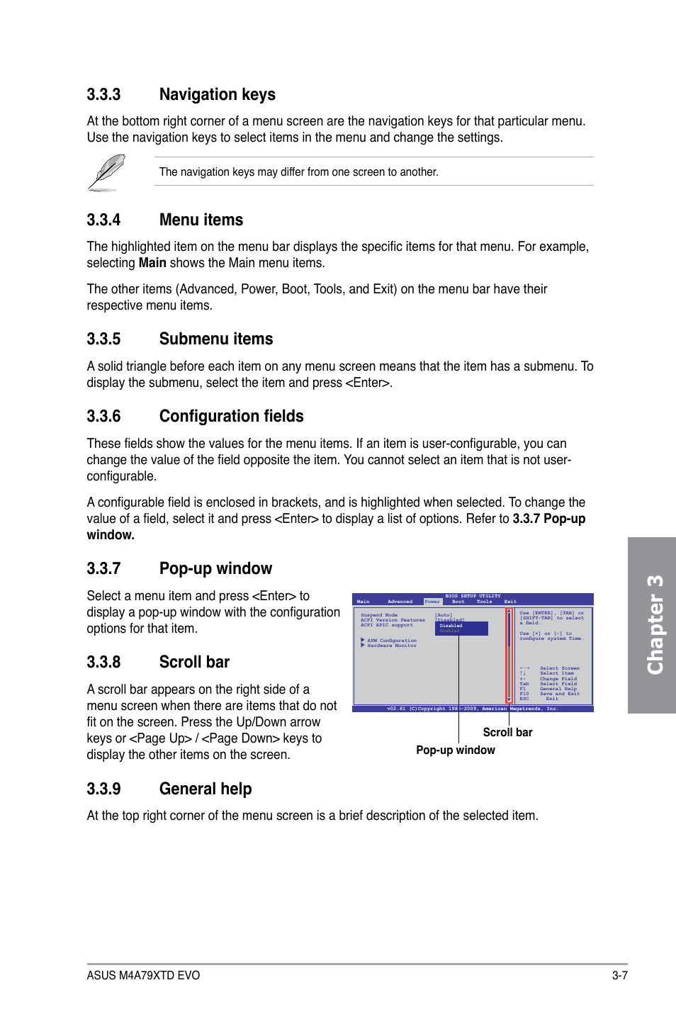 3 navigation keys, 4 menu items, 5 submenu items | 6 configuration fields, 7 pop-up window, 8 scroll bar, 9 general help, Navigation keys -7, Menu items -7, Submenu items -7 | Asus M4A79XTD EVO/USB3 User Manual | Page 63 / 112